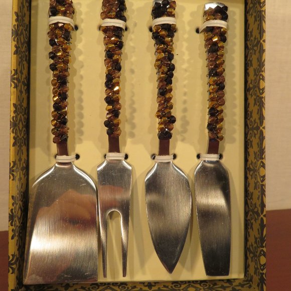 NWOT Wild Eye Gold Rush Cheese Serving Set Beaded Handles in Box (159V) - Picture 5 of 6